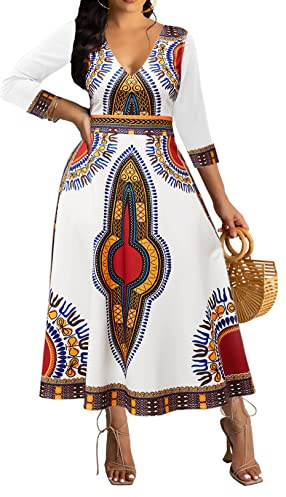 Sexy Church Dress for Women V Neck Casual Long Sleeve African Print Dashiki Traditional Tribal Long Maxi Dresses