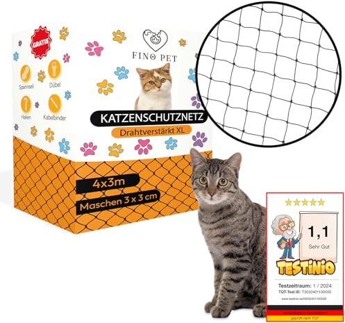 FinoPet Katzennetz für Balkon Drahtverstärkt 4x3 Meter inklusive Befestigungsmaterial Katzenschutznetz Katzengitter Schutznetz Sicherheitsnetz Balkonnetz für Katzen Katzennetz ohne Bohren