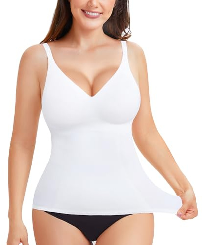 LODAY Compression Tank Tops for Women Tummy Control Shapewear Seamless Body Shaper Workout V-Neck Camisole Cami Tops (White, Large)