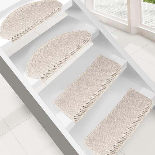 casa pura Stufenmatte in Sisal Optik | Treppen-Teppich Flachgewebe mit Tiger-Eye-Struktur robuster Treppenschutz | 65x23,5 cm | halbrund | einzelne Treppenstufen Matte, Creme, 15 Stück