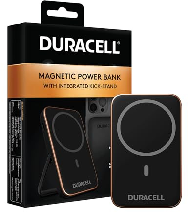 Magnetische Powerbank von Duracell, 5000 mAh, Magsafe-kompatibel, schnelles Aufladen, kabellose Powerbank mit Klappständer, schlanker externer Akku für iPhone, iPad, Android, Samsung und Airpods