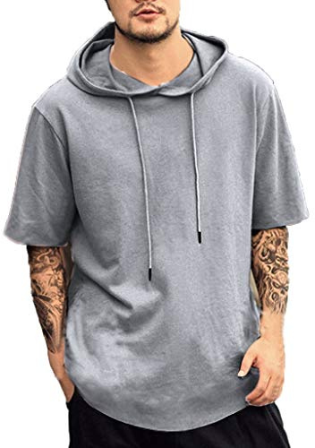 T-shirt à capuche pour homme – Sweat à capuche d'entraînement pour homme – Haut léger à manches courtes athlétique à capuche à séchage rapide – Chemise de couleur unie pour la course à pied – Chemise