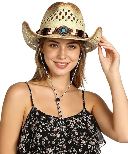 GEMVIE Cappello da cowgirl in paglia da donna, cappello da cowboy da spiaggia, cappello da sole, cappello da cowboy estivo, cachi, 7/7 1/4
