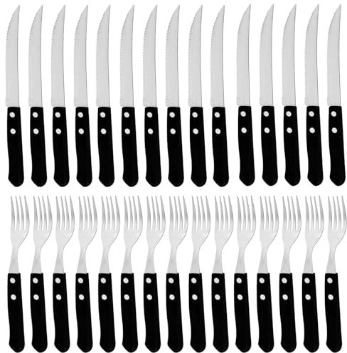 Set di posate da bistecca in acciaio inox, set da 30 posate da bistecca in acciaio inox, forchetta e coltelli, 15 forchette da tavola e 15 coltelli da tavola per 15 persone, affilato a onda, nero