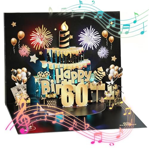 joyoldelf Tarjeta Felicitacion 60 Cumpleaños Pop Up - Tarjetas Cumpleaño Personalizada 3d, Tarjeta De Felicitación Con Disco Negro y Dorado Con Música y Luces, Regalos Divertidos Hombre, Mujer, Amigo