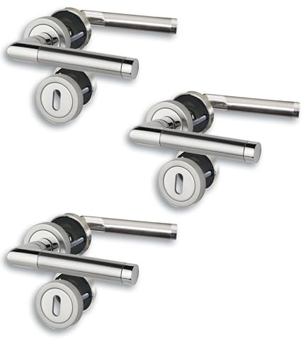 Set of 3 Rosette V Door Fittings, Polished Stainless Steel/Satin Finish for 3 Room Doors with Deadlock Holes, Cliprosette, Diameter 52 mm, Door Handle, Door Handle