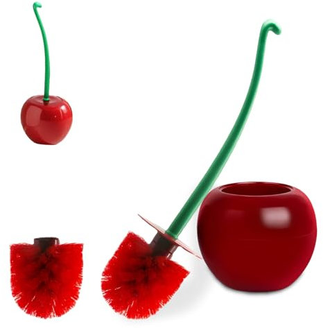 KXVXXV Set di scopino per WC con supporto, base a forma di ciliegia, 2 testine intercambiabili in plastica rossa, manico lungo e antiscivolo, materiale di alta qualità e robusto