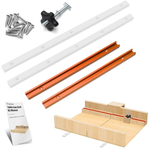 Crosscut Sled Kit for Table Saw Runners, Catcan Table Saw Sled Kit with 2 Aluminum T-Track, 2 UHMW Miter Bars, Knob and Bolt, Screws for Tablesaw Woodworking