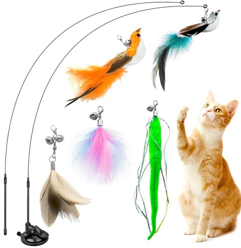 NXPZ Giochi Interattivi per Gatti, 8 Pcs Set di Giocattoli per Gatti, 3 Giocattoli con Piume, 2 Uccelli Realistici, Materiali Sicuri, include Forti Ventose e Bacchette con Pium