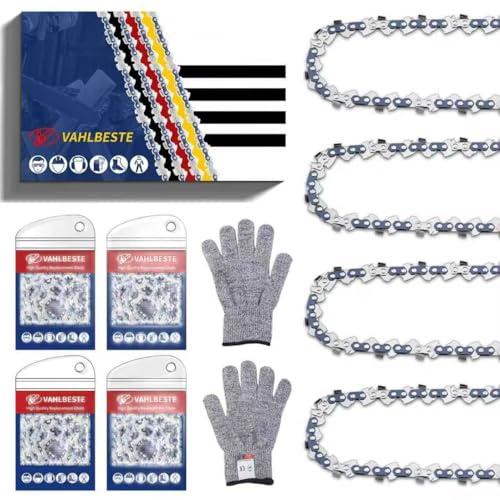 Vahlbeste 4 Catene Catena Motosega 3/8LP, 0.043(1,1mm), 40 maglie,Lunghezza Taglio 25 cm,Catena per Motosega con 4 Fibbia Pendente e Guanti,Compatibile con GE-LC 18/25 Li, MS170, MS171, DUC254Z