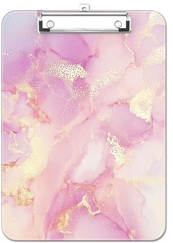 Luminzo Plastic Cute Clipboard, Low-Profile Metal Clip, A4 Letter Size 9 x 12.5 in, 8.5 x 11 Paper Clip Board for Teachers, Nurses, Classroom, Pink Gold Marble