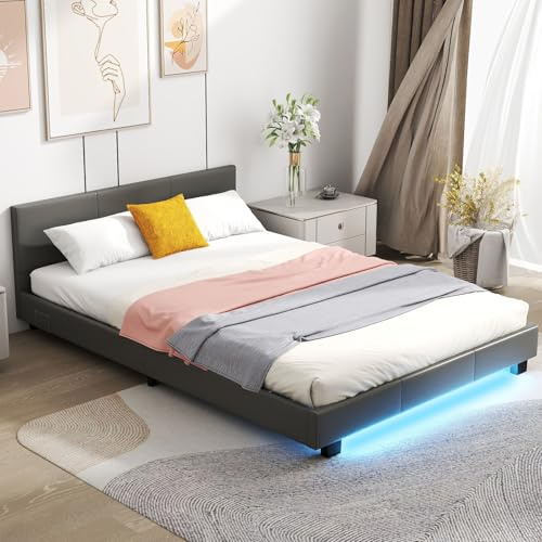 COSTWAY Lit 140x200 cm avec Éclairage LED et Sommier à Lattes, Cadre de lit Plateforme Tapissé avec Tête de Lit, Poches latérales, pour 2 Personnes, Moderne, Montage Facile (Gris)