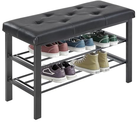 Sweetcrispy Schuhbank, Schuhregal mit 3 Ebenen, Schuhregal mit Sitzbank, 32 x 81x 50 cm, Sitztruhe, Kunstleder & Metallgestell, Schuhaufbewahrung für Wohnzimmer Eingangsbereich Flur, Schwarz