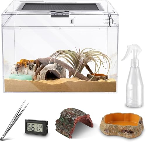 Clioran Large Reptile Terrarium Kit,30x18x23 cm Ventilation ReptileTank | Top Sliding Door Screen Habitat PC Cage for Lizards,Spider,Geckos,Hermit Crabs with Hygrometer,Hide Cave,Bowl,Tweezer,Sprayer