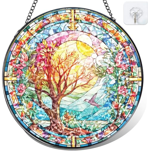 Riletese Spring Tree Stained Glass Suncatcher, Colorful Floral Window Hanging, Round Glass Sun Catcher Wall Decor Gift, Watercolor Blooming Wall Glass Ornament 8 Inch