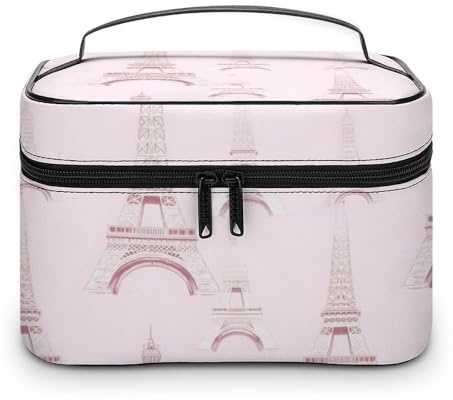 Nevjipu Grande borsa da viaggio in pelle, organizer da viaggio con stampa Torre Eiffel, beauty case da donna, per la cura della pelle delle unghie, organizer per trucchi con scomparti per pennelli e