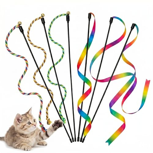 Canne à Pêche Chat, Jouet Chat Interactif(Lot de 6, 3 Couleurs) , Jeu Chat