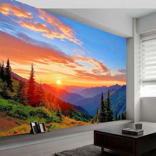 Papel Pintado Paisaje De Montaña Amanecer Bosque Naturaleza 250 x 175 cm, Fotomural para Paredes Mural - Decoración de Pared para Salón Habitaciones Color Naranja