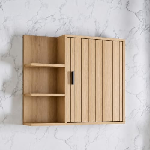 Bathroom Wall Cabinet, Oak Effect, Wall Mounted Storage Unit with Open Shelves and Slatted Door, Space-Saving Organiser, W60 x D14 x H50cm A167