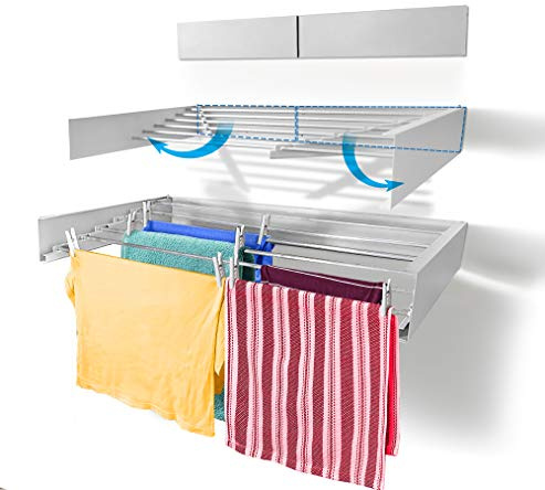 Step Up Laundry Drying Rack, Wall Mounted, Retractable Clothes Drying Rack, 60lbs Capacity, 20 Linear Ft, with Wall Template and Long Screwdriver Bit (40 White)