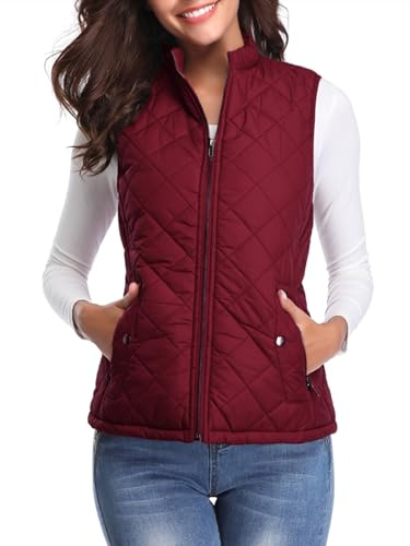 fuinloth Damen Weste, Herbst Leichte Steppweste Westen Ärmellos Jacke Kurz Vest Gilet Wein Rot L