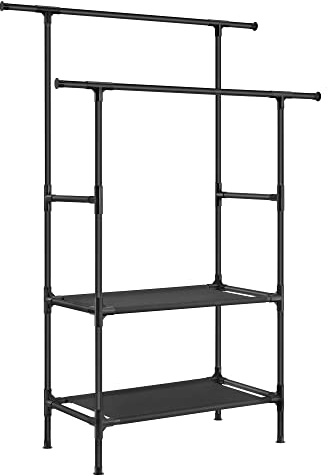 SONGMICS Burro Ropa, Perchero Burro de Metal con 2 Barras Colgantes, con 2 Estantes de Almacenamiento, Capicidad de Carga 70 kg, Montaje Fácil, Negro RDR002B02