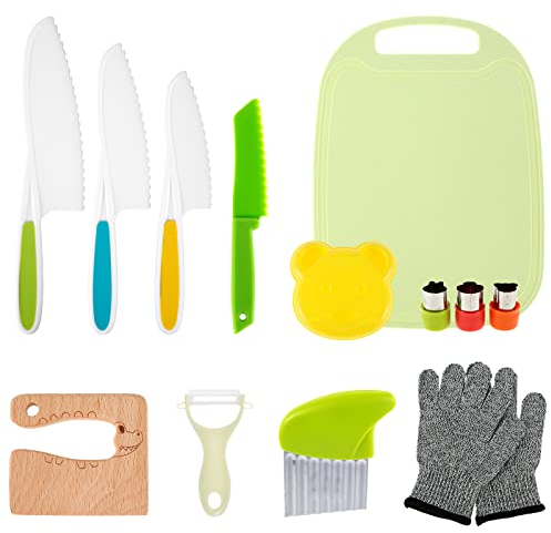 Set di 13 coltelli da cucina in legno per bambini, sicuri per cucinare veramente, con coltelli in plastica sicuri per bambini, tagliere, pelapatate a Y, tagliapasta per frutta (kit da 12 pezzi)