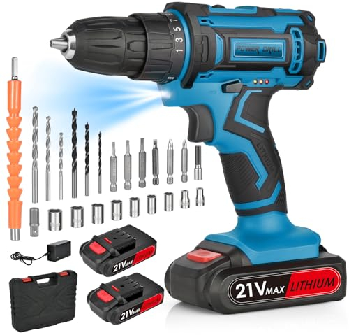 Taladro Atornillador Batería 21v: Taladro Inalámbrico con Luz LED, 2 Baterías de 2,0 Ah,25+1 Ajuste de Par,24 PCS Accesorios, 2 Velocidades,40Nm,Para Hogar e Bricolaje