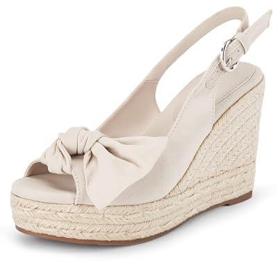 Coutgo Women's Peep Toe Wedges Heels Slingback Espadrille Platform Sandals Side Bowknot Casual Shoes, Beige, Size 7.5