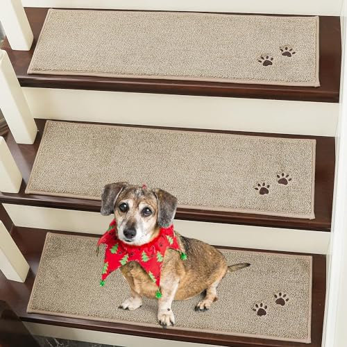 BEQHAUSE Stair Treads, 4 pcs Non Slip Stair Treads, 22x70 cm Stairs Carpet Tread Washable Machine for Kids Elders and Pets 100% Polyester, Beige