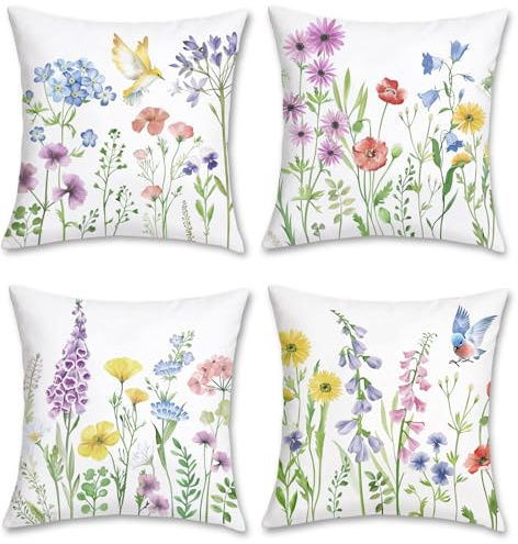 Bonhause Spring Floral Cushion Covers 45 x 45 cm Flowers Birds Decorative Pillow Covers Soft Velvet Pillowcases for Sofa Bed Garden Patio Decor Set of 4