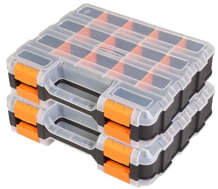 Jack Boss Tool Box with Transparent Lid, Double Side 34-Compartments Organizer Box with Removable Dividers for Hardware, Screws, Bolts, Nails, Beads, Jewelry and Fishing Accessories, Orange, 2 Pack