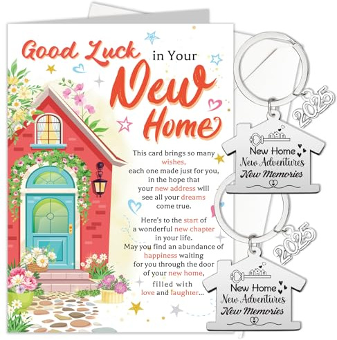 HOWAF New Home Gifts, Good Luck in Your New Home Card, with 2 Keyrings, Housewarming House Warming Gifts for Friends Couples and Family