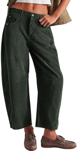 SotRong Vintage Corduroy Trousers Women Barrel Mid-Rise Elasticated Waist Cord Pants Casual Loose Fit Baggy Wide Leg Capris Harem Pants Winter Warm Leisure Trousers with Pockets Dark Green M