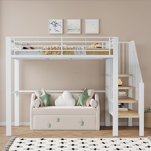 Cama alta de 140 x 200 cm, estable cama de metal con amplio espacio de almacenamiento debajo de la cama y escalera, ideal para niños y adultos para una máxima eficiencia de espacio (blanco)
