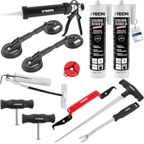 TECPO Scheibenausbauwerkzeug Set, Steinschlag Reparaturset Windschutzscheibe Autoglas Ausbau Werkzeug Satz mit Scheibenkleber, Kartuschenpresse, Gummi Doppelsauger Ø118mm, Schneidedraht, Lösewerkzeug
