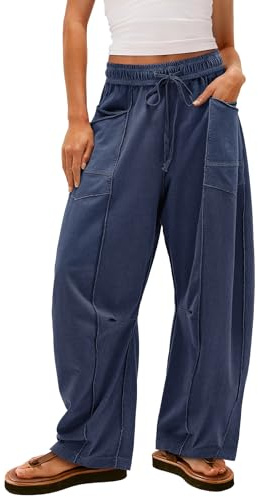Yanekop Womens Baggy Wide Leg Pants Casual Fall Trousers Palazzo Pants Drawstring Waist Barrel Sweatpants with Pockets(Navy Blue,M)