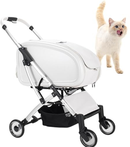 ReseväNlig Kattvagn AllväDershundsvagn-Kattvagn, Andningsbar HusdjursbäRare, HopfäLlbar Design Och Andningsbart NäT FöR All-TerräNg Hundvagn FöR Parker,White