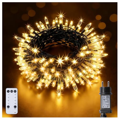 BrightWish Guirlande Lumineuse 10m 100LED avec Alimentation Secteur, Télécommande et Minuterie - Étanche pour intérieur, extérieur, chambre, décoration de mariage, fête, Noël, arbre（Warmweiß）