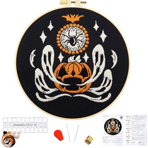 Halloween Embroidery Kits for Beginners Adults, Ghost Embroidery Starter Kits, Halloween Cross Stitch Kits for Beginners Adults Hobbies for Women, Embroidery Fabric, Threads, Hoops and Video Tutorial