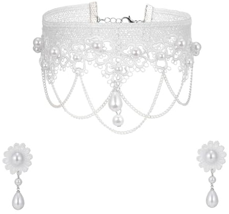 MILAKOO Collier ras du cou en dentelle blanche Boucles d'oreilles en perles parure mariage mariée parure Halloween costume victorien