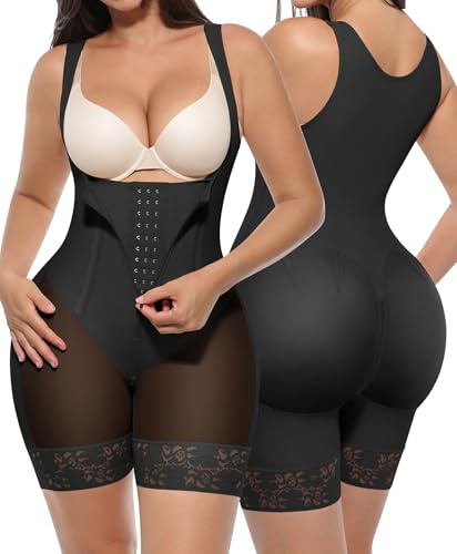 SHAPELLX Shapewear for Women Faja Body Shaper Tummy Control Butt Lifter with Zipper Open Bust Bodysuit (Black Large)