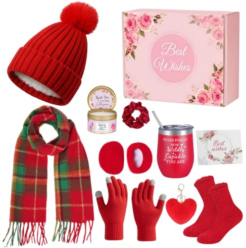 Patelai 11 Pcs Valentine Basket Gifts Set for Women Knitted Winter Beanie Hat Gloves Scarf Earmuff Candle Sock Tumbler Box(Red,Fashion Style)