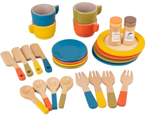 Wooden Toy Plates Dishes Cups Simulation Play Cutlery Plate Set for Children