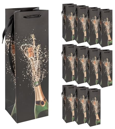 Idena 90413 - Sacs pour bouteilles de champagne, 12 pièces en noir, Sacs cadeaux de la taille 39 x 12 x 10 cm, Sacs cadeaux pour l'anniversaire
