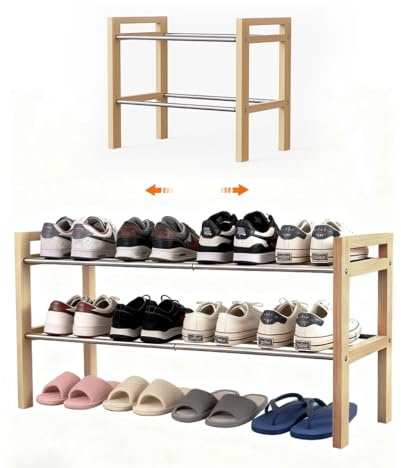 LEMIKKLE Zapatero de madera, zapatero de roble de 2 niveles, diseño expandible de acero inoxidable, ideal para almacenamiento de zapatos pequeños para espacios estrechos, adecuado para entradas
