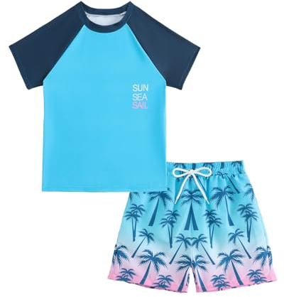 Boys Swimming Costume 2 Piece Set 5-13 Years, Short Sleeve Boys Rash Vest with UV Swim Top & Boys Swimming Trunks, UPF 50+ Tropical Print Kid Swimsuit
