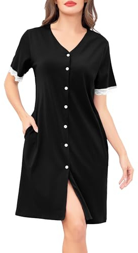 Wikoan Chemise de Nuit Femme Coton Chemises de Nuit avec Boutonnée Devant Nuisette Manches Courtes en Dentelle Été Loungewear Tee Shirt Sexy Femme S-3XL