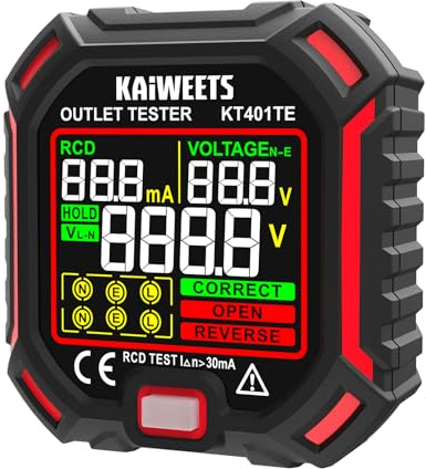 KAIWEETS kontakttester med RCD-test och LCD-spänningsdisplay, spänningsindikator, 7 ledningsprovningar, läckströmsmätning, kontakttestare 200-250 V, CAT II 250 V