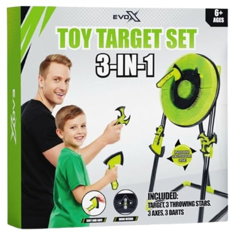 Evo-X 3 in 1 Target Set, 18 Inch Bristle-Style Throwing Game with Tripod Stand, Soft Axes, Stars and Darts Game, Indoor and Garden Play